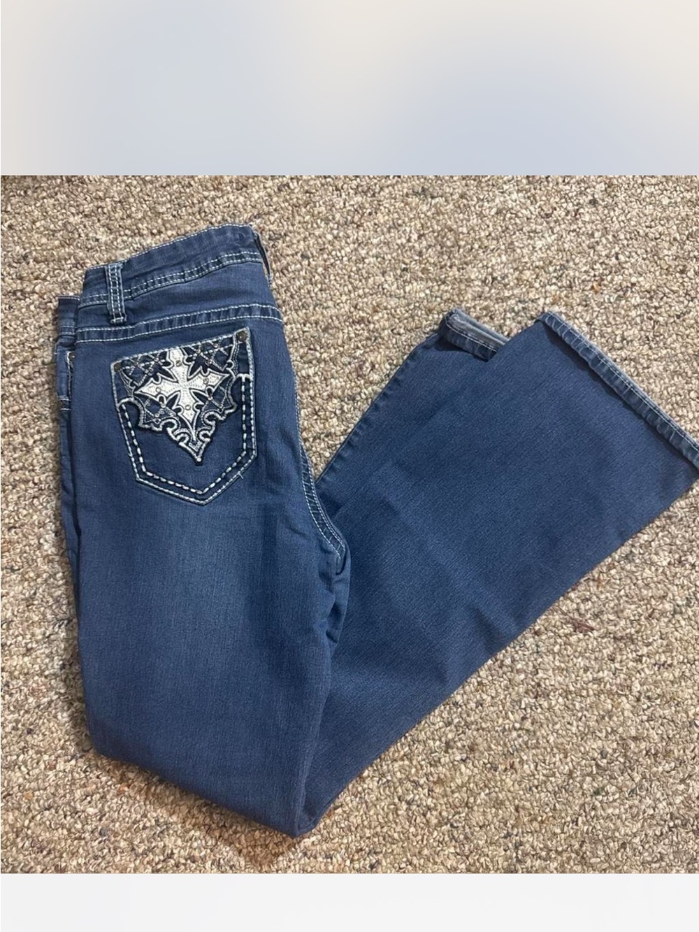 Embroidered Pocket Boot Cut Womenβs Jeans β Dark Blue